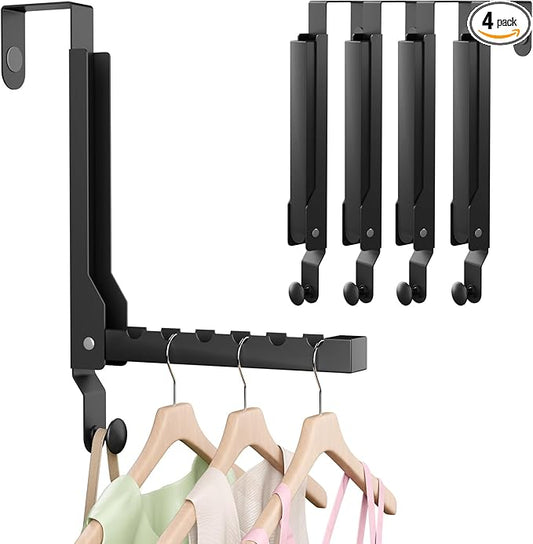 4 Pack Over The Door Hanger Foldable Over The Door Hooks，Rust-Resistant Overdoor Hanger Hook for Laundry (Clothes Drying Rack)&Bathroom (Towel Rack) Small Portable, Black