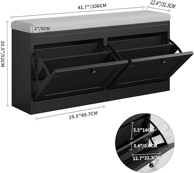 VOWNER Shoe Bench with 2 Flip Drawers, Shoe Organizer Storage Bench with Adjustable Shelves for Entryway, Hallway, Living Room (Black)