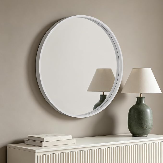 HOMECOOKIN Round Wood Mirror 28 inch Circle Mirror, Rustic Farmhouse Wooden Framed Decorative Wall Decor, Vanity Wall Mirror for Bathroom, Bedroom, Entryway, Living Room (White)