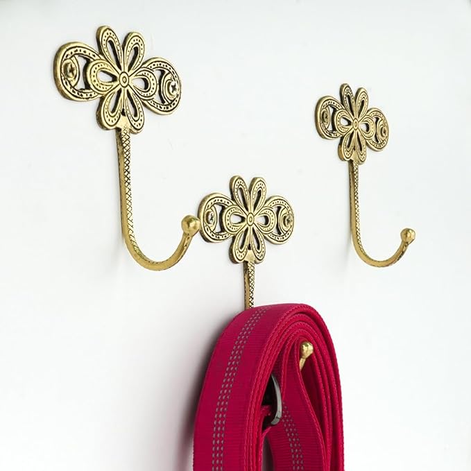 Indian Shelf 33 Lb. 3 Pieces Key Holder Flower Vintage Brass Decorative Wall Hooks for Hanging Unique Coat Rack Wall Mount Antique Towel Hangers Gold
