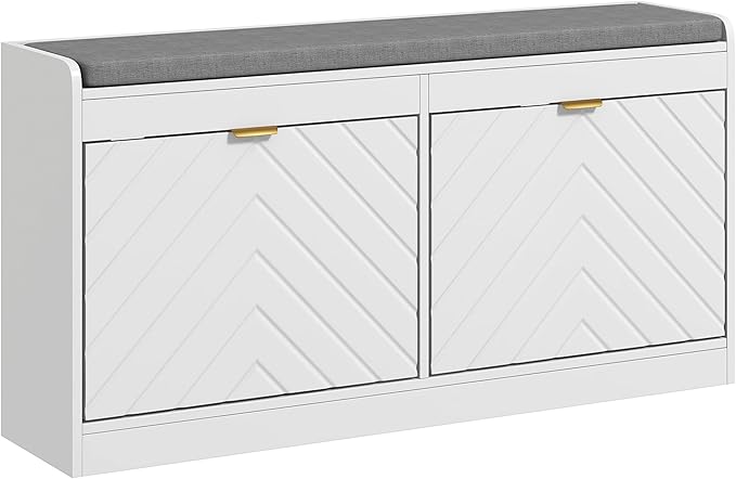 HOMCOM Shoe Bench, Entryway Bench with 2 Flip Drawers, Seating Cushion, and 2 Vents for 8 Pairs of Shoes for Hallway, White