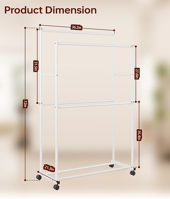 Clothes Rack 36.2" x 21.3" x 72", 4-Bar Double Rod Rolling Metal Clothing Rack for Hanging Clothes, Portable Garment Rack with Wheels for Bedroom Laundry, Closet Wardrobe, White