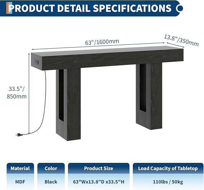 IDEALHOUSE 63" Entryway Table, Wood Console Table with Charging Station, Extra Long Sofa Table, Narrow Hallway Foyer Table for Entryway, Hallway, Living Room, Black