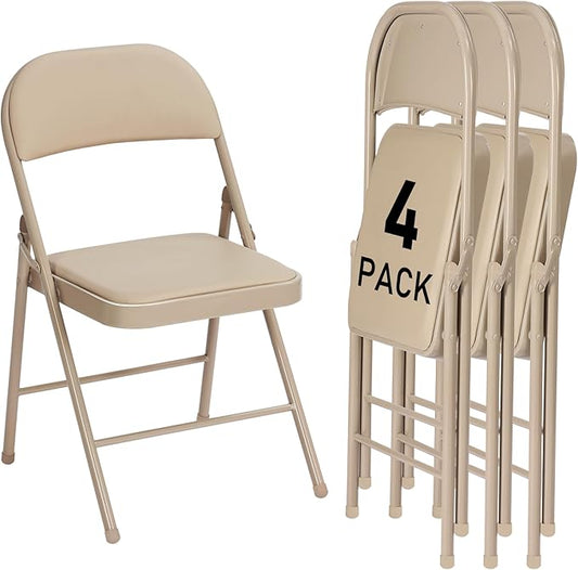 4 Pack Khaki Folding Chairs with Padded Cushion and Back for Outside Portable Stackable Commercial Foldable Chairs with Steel Frame for Events Office Wedding Party, 350lbs Capacity