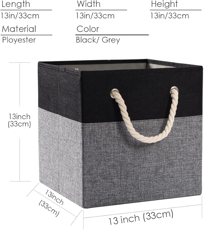 PRANDOM Large Foldable Cube Storage Bins 13x13 inch [2-Pack] Fabric Linen Storage Baskets Cubes Drawer with Cotton Handles Organizer for Shelves Nursery Closet Bedroom Black