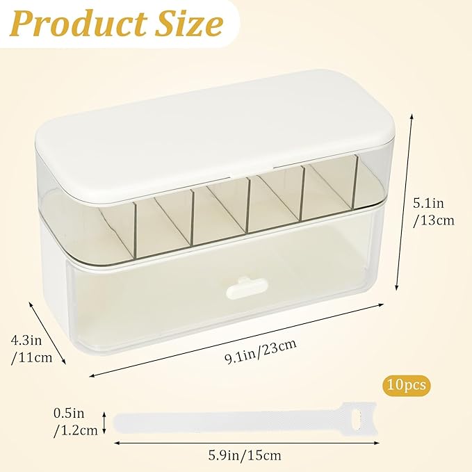 6-Compartment Cable Organizer Box with Lid & Drawer, Clear Plastic Storage Case for Power Cords, Chargers, Electronics, Makeup, and Jewelry – White Wire Management Container