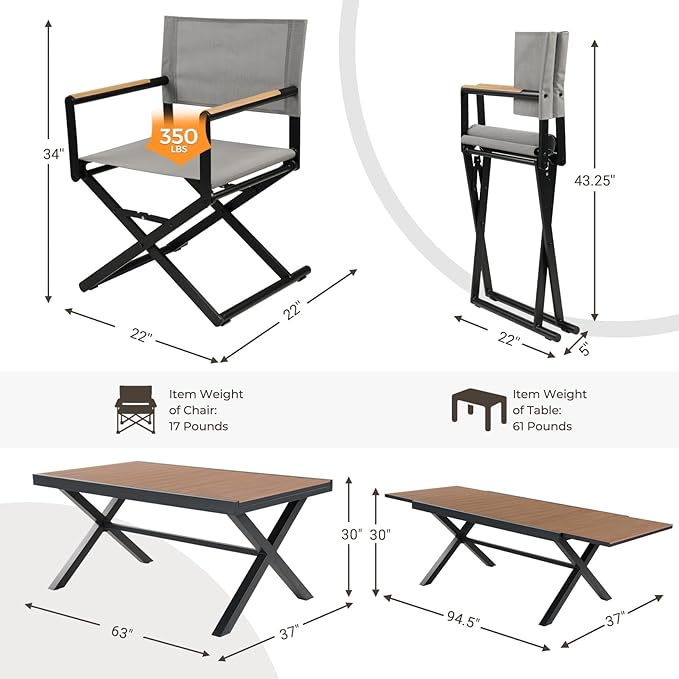 Grand patio 16-Piece Outdoor Dining Set, 14 Extra-Wide Folding Chairs & 2 Rectangle Expandable Table, Sling Mesh Patio Chairs with Wood Grain Table for Yard, Poolside, Deck, Gray