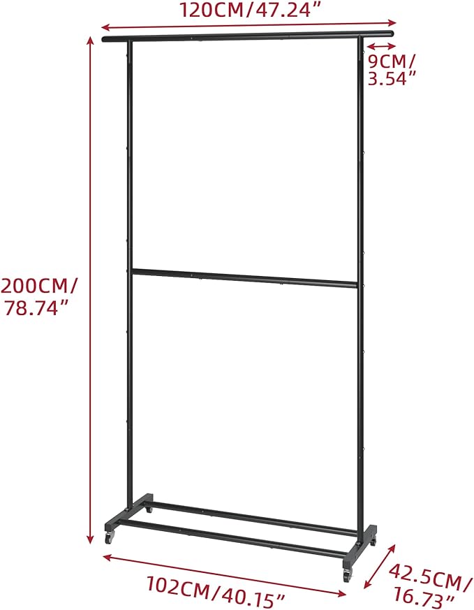 Sywhitta Double Rod Clothing Garment Rack, Rolling Clothes Organizer on Wheels for Hanging Clothes, Easy to Assemble, Adjustable, Black