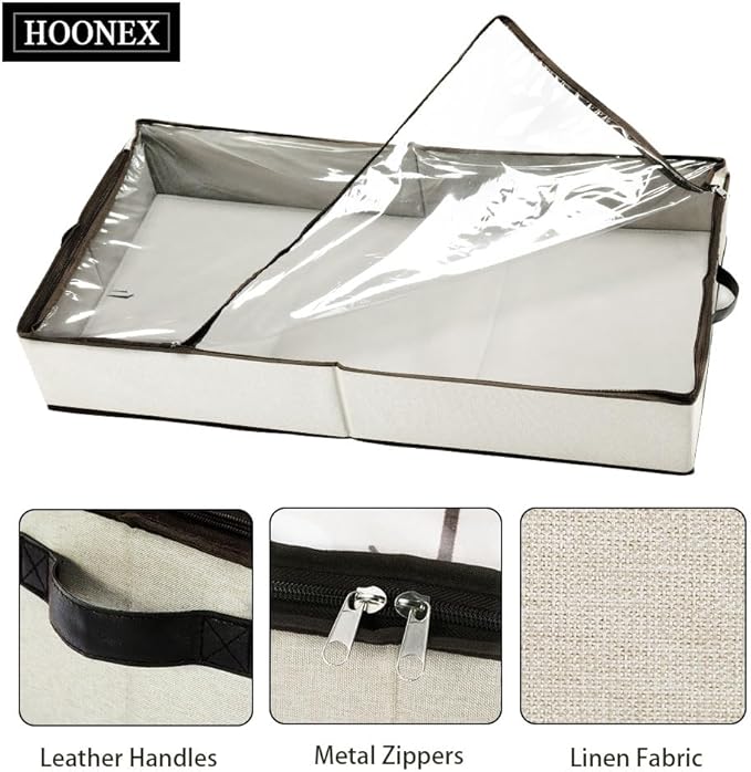 HOONEX Under Bed Storage Containers Zippered Clear Top Lid, Outer Linen Fabric, Reinforced Frame and Sturdy Bottom, 2 Leather Carrying Handles, 2 Pack, Beige