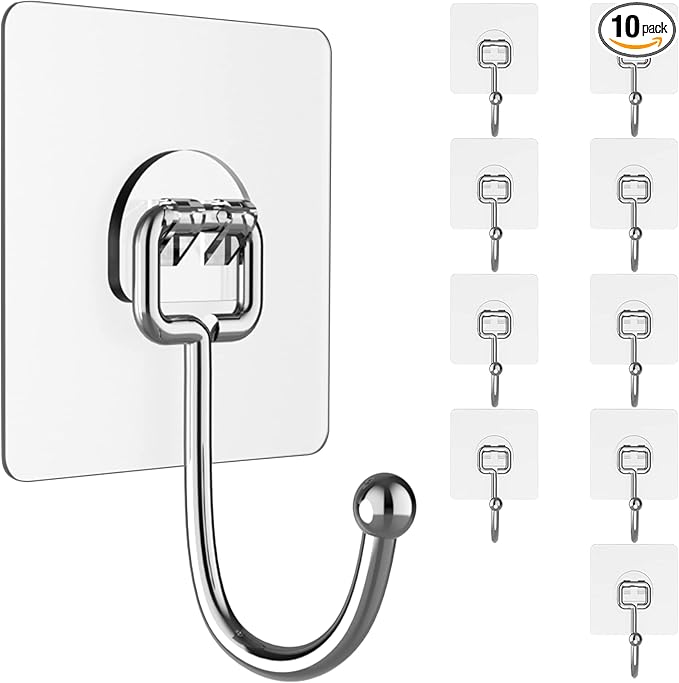 Large Hooks for Hanging Heavy-Duty 44Ib(Max) 10 Packs, Wall Hangers Without Nails Self-Adhesive Traceless Clear and Removable, Waterproof and Rustproof Multiple Uses for Bathroom Kitchen Home