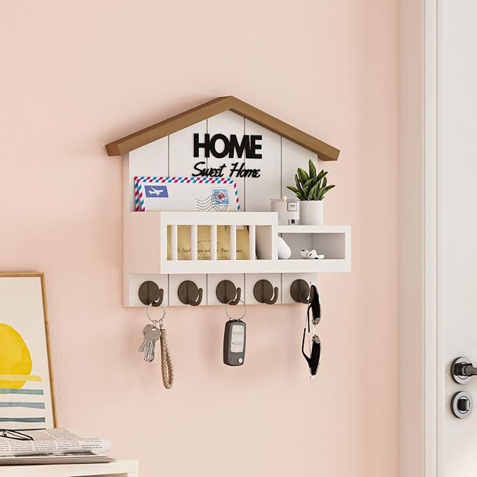 Key and Mail Holder for Wall, Wall Key Holder with Shelf, Key Rack Wall Mount, Wood Key Holder Wall Mount White, Mail Organizer Wall Mounted, Entryway & Front Door Key Holder with 5 Hooks