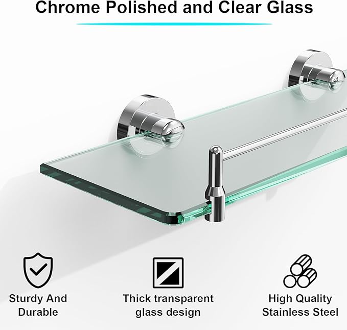 Glass Bathroom Shelves,Chrome Polished Floating Shelves for Wall Rectangular Modern Stainless Steel Glass Shelf for Bathroom Shelves wall Mounted 16 Inch