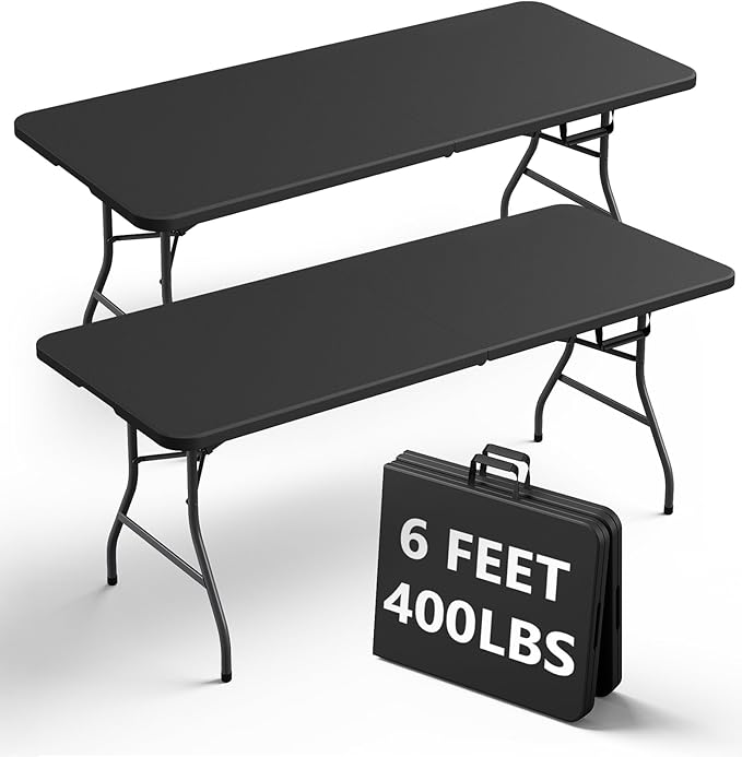 Folding Table 2 Pack, 6FT Heavy Duty Plastic Table with Handle, Foldable&Portable, Fold-in-Half Utility Tables for Outdoor, Dining, Wedding, Events, Indoor, Picnic, Camping, Party, Black