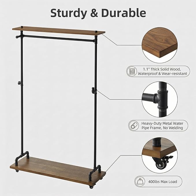 Industrial Pipe Clothing Racks, Rolling Garment Racks, Hall Tree on Lockable Wheels with Shelves and Shoes Storage, Heavy Duty Clothes Rack (Free Standing)