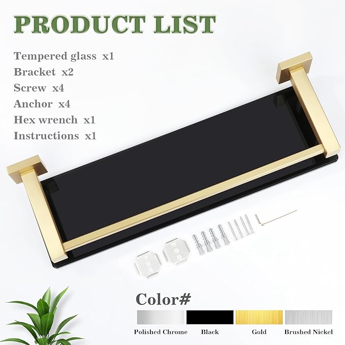 Alise Glass Shelf for Bathroom 20 inch, Gold Black Glass Floating Shelves, Stainless Steel Glass Bathroom Shelves Wall Mounted