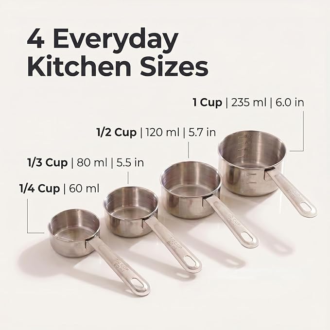 Stainless Steel Measuring Cups Set of 4, Metal, 1/4, 1/3, 1/2 & 1 Cup, Marked Handles, 1 Cup with Stamped Interior Marks, Nesting Cups for Baking & Cooking, Dry & Liquid Ingredients