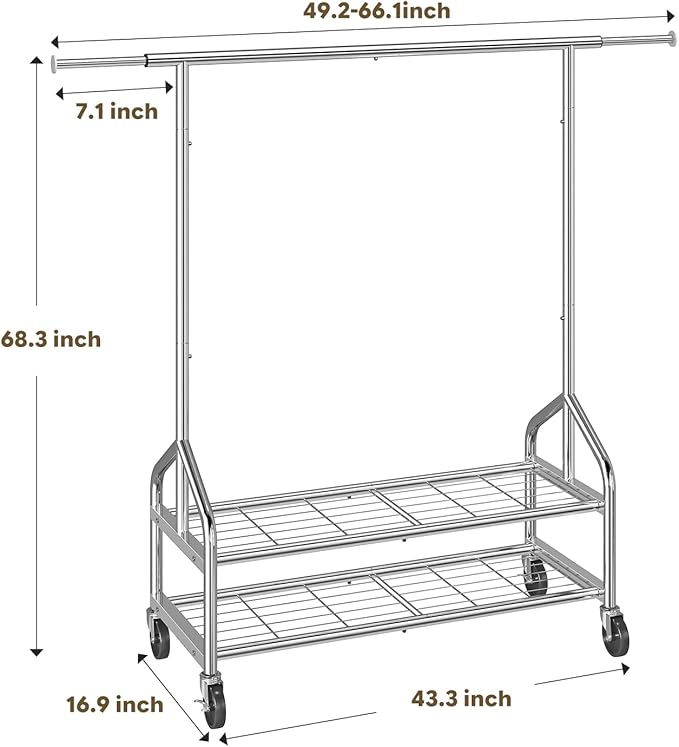 Ekisemio Heavy Duty Clothes Rack Load 650 LBS, Rolling Clothing Rack with Shelves, Metal Garment Rack for Bedroom, Laundry Room, Retail Store, Chrome