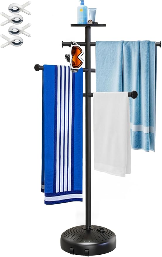 Pool Towel Rack with Wheels for Indoor Outdoor Use, 63 Inch Towel Holder with Storage Tray, 6 Adjustable Bars Hot Tub Accessories, Free Standing Towel Rack for Pool, Spa, Hot Tub