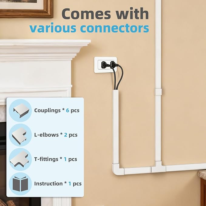 Art3d Cord Hider, 120in Cord Cover, Large Cable Hider, Self Adhesive Wire Covers for 4 Cords, Paintable Cable Raceway Wire Hider, Wall Mount TV Cords Management, 8X W0.94 H0.54in, White