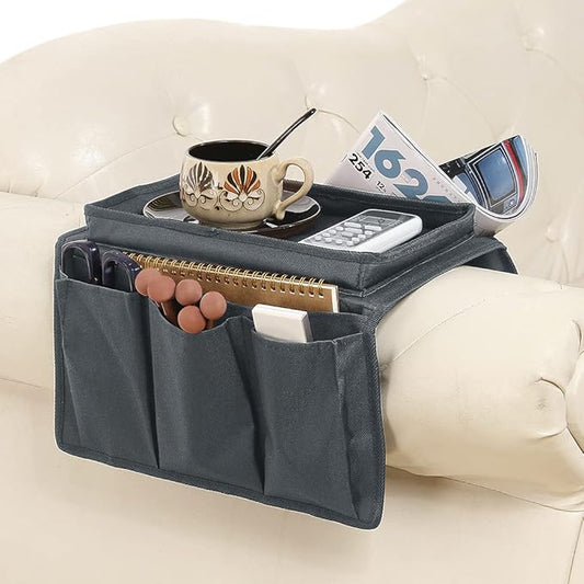 5 Pockets TV Remote Control Holder Couch Sofa Tray Armrest Organiser Oxford Chair Couch Caddy Sofa Armrest Bag Bedside Storage Hanging Organiser for Magazine Books Snack Mobile DVD Cellphone (Grey-a)