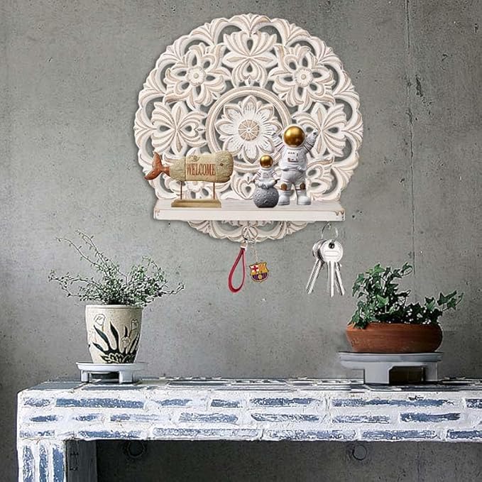 11.6-inch Round Mandala Key Holder for Wall - White Vintage Floral Key Holder with Hooks & Shelf - Farmhouse Decorative Entryway Organizer for Keys, Masks & Mail - Rustic Boho Wall Decor