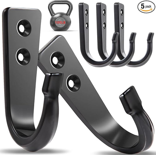 5 Large Size Heavy Duty Wall Hooks, Coat Hooks for Hanging Pans, Backpacks, Coats, Garage Items (Black)