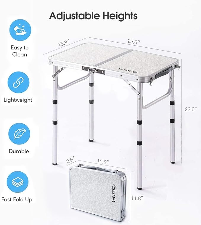 YUFIFAIRY Small Folding Table Portable, 24''L x16''W Foldable Camp Table with 3 Adjustable Height, Indoor Outdoor Lightweight Aluminum for Outdoor Cooking Picnic, (3 Heights)