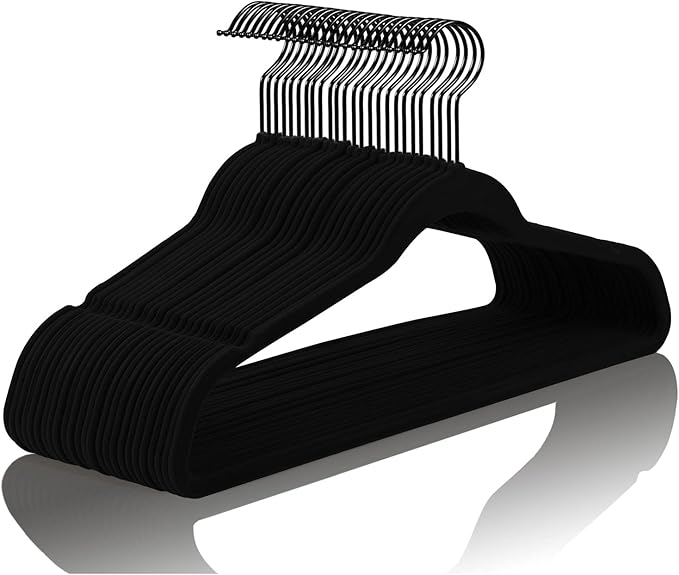 MIZGI Premium All Black Velvet Hangers with Black Hooks (50 Pack) Heavy Duty - Non Slip Felt Hangers - 360 Degree Swivel,Space Saving Clothes Hangers,Durable Strong Hangers for Suits,Coat