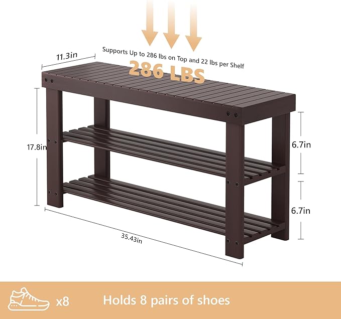 NEWBULIG Shoe Rack Bench, 3-Tier Bamboo Shoe Organizer, Wooden Entryway Storage Bench, 286 lb Load Capacity, 11.2x35.5x17.9 Inches, for Entryway Bathroom Bedroom Balcony, Brown