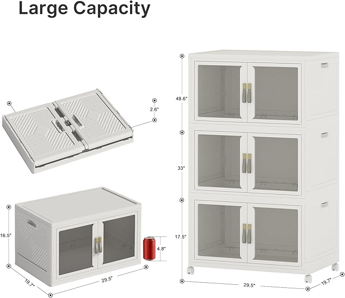 UAMFURI Stackable Storage Bins with Lids, Clear Doors, Large Storage Cabinet Foldable Collapsible Closet Organizers for Bedroom Dorm Office (3, White, 160, Quarts)