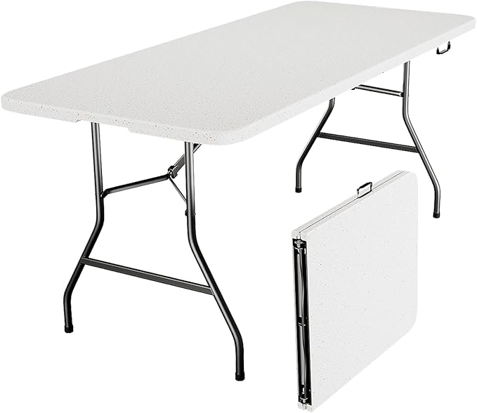 6ft Folding Table with Handle, Heavy Duty Plastic Table, 300 lbs Portable Table, Reinforced Steel Legs, High Density Plastic, Ideal for Parties, Picnics, Weddings,Camping (White)