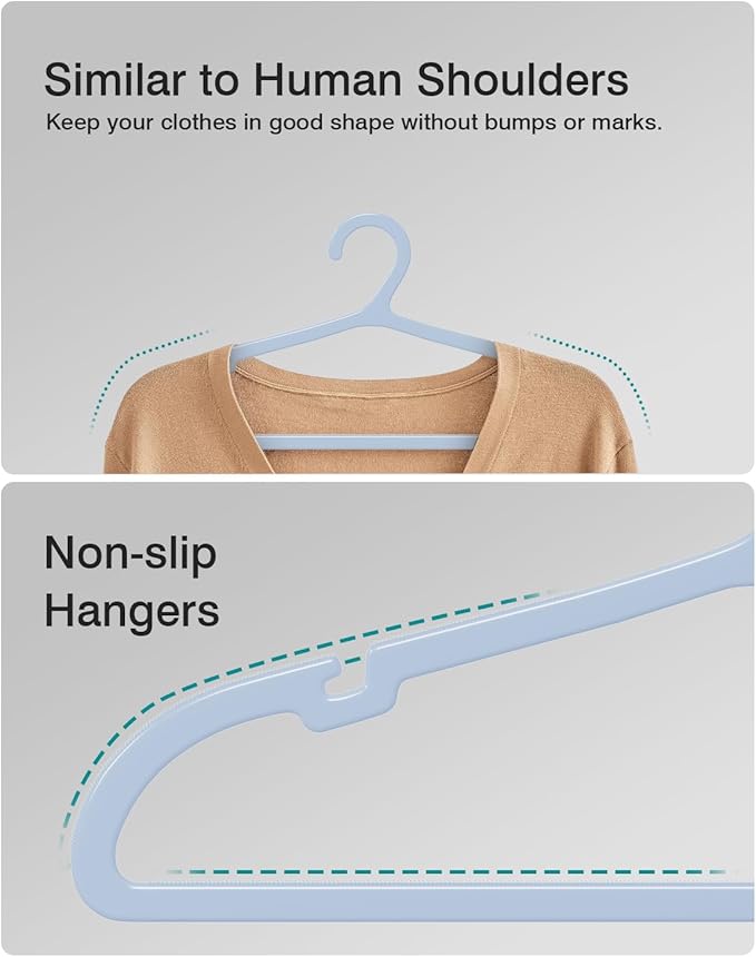 ABHENG 100 Pack Clothes Hangers, Non Slip Plastic Coat Hangers, Space Saving, Heavy Duty, Hanging Dry Wet Clothes, 16.4" x 8.3", Light Blue, UAPY05100L