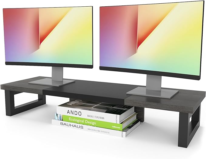 WESTREE Dual Monitor Stand Riser, Wood and Steel Monitor Stand Riser, Computer Monitor Stand for 2 Monitors, Multi-Purpose Desktop Storage Stand for Computer,Laptop,Printer,TV