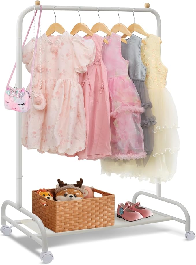 YGJT Kids Clothing Rack, Baby Clothes Racks for Hanging Clothes with Wheels and Bottom Storage Shelf, Small Toddler Garment Rack Kids Dress Up Storage Wardrobe for Coats, Skirts, Dance Costume(White)