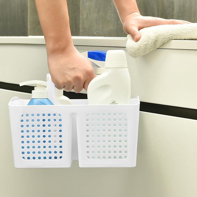 Portable Shower Caddy Basket with Wood Handle, 3-Compartment Bathroom Organizer Tote with Drain Holes, Plastic Shower Basket for Dorm, Toiletries, Cleaning Supplies, White