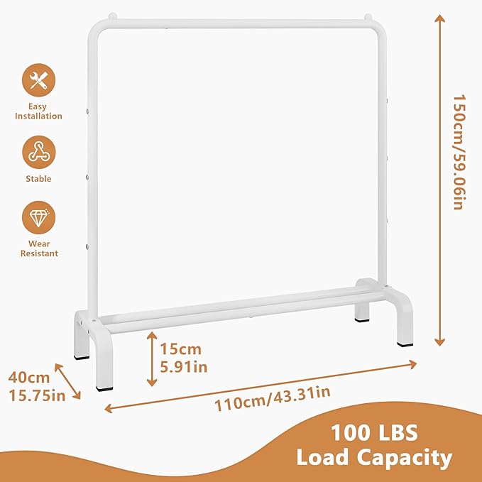 JIUYOTREE Metal Clothing Rack, 43.3 Inches Clothes Garment Coat Rack with Bottom Shelf for Hanging Skirts, Shirts, Sweaters, White