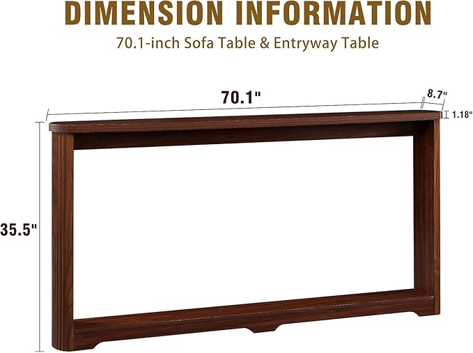 70" Extra Long Narrow Console Table, Fluted-Side Sofa Table with Open Shelf, Entryway/Hallway/Living Room Console – Walnut