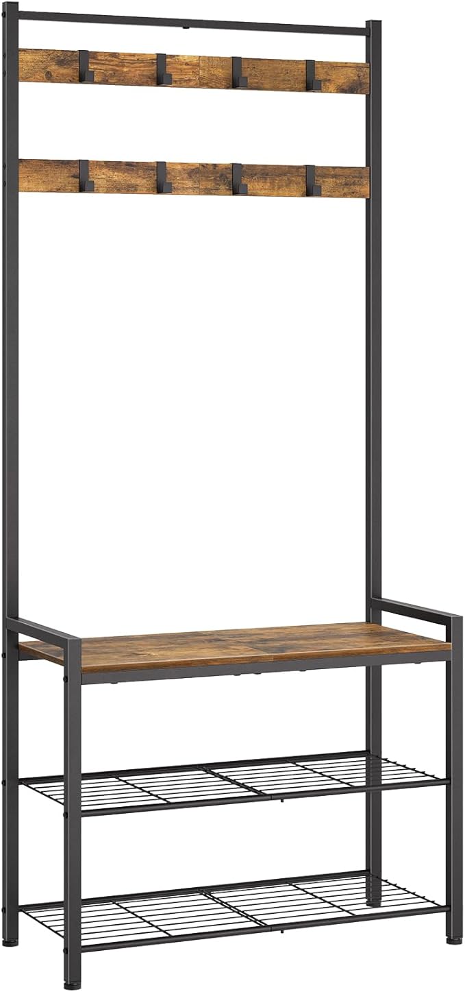 YATINEY Hall Tree, Coat Rack with Shoe Bench, Entryway Bench with Shoe Storage, Multifunctional Entryway Storage Organizer, Metal Frame and 8 Movable Hooks, for Hallway, Rustic Brown MT01BR