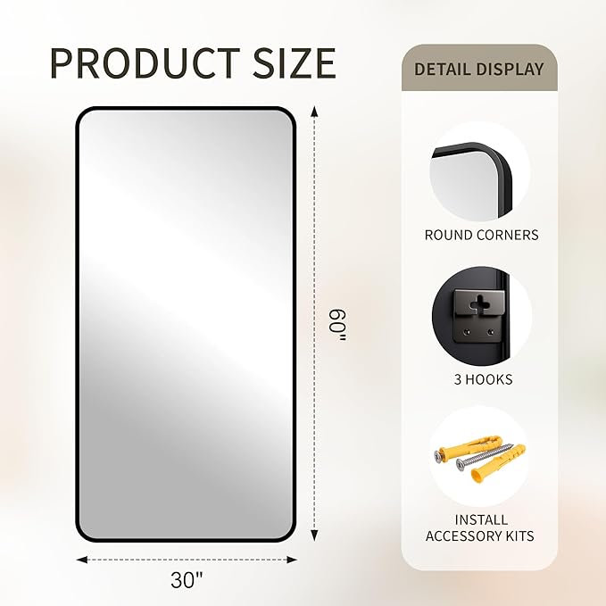 FICTOR Bathroom Mirror, 30"x60" Black Framed Vanity Mirror for Wall, Shatterproof &Anti-Rust Bathroom Mirrors for Over Sink, Bedroom, Living Room, Entryway, Vertical/Horizontal Mount