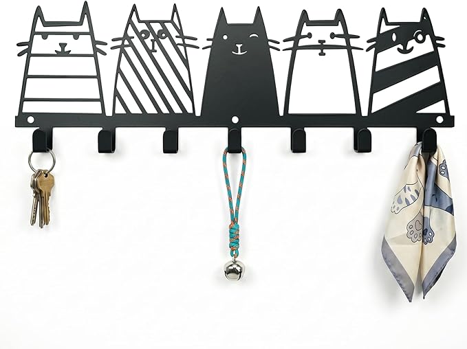 Metal Key Holder Wall Mount, Cute Cat Key Rack Hooks, Whimsical Animal Wall Art Organizer for Entryway, Kitchen, Hallway, Garage, Farmhouse Home Decor & Housewarming Gift (Cat Family)
