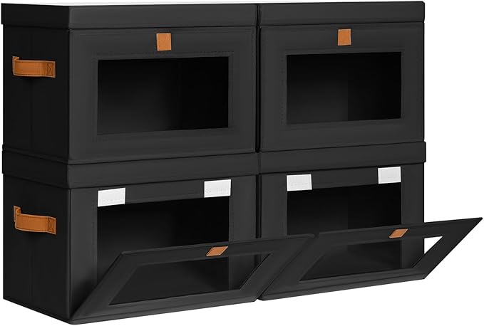 Homsorout Medium Fabric Storage bins - Closet Shelf Organizer with Open Window, 4 Pack Closet Baskets for Shelves, Stackable Decorative Boxes for Home, Dorm, Black, 13.7" x 9.8” x 9.8"