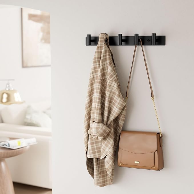 GWAAZXGZ Black Wall Mounted Coat Rack – 5 T-Shaped Pegs for Hats, Bags & Towels, Heavy-Duty Metal Rail for Entryway, Bathroom, Closet, Bedroom (2 Pack)