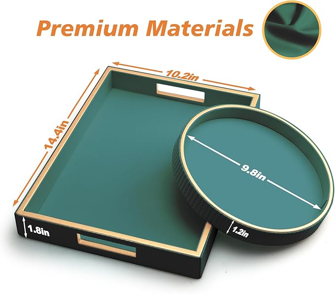 SANZIE Leather Tray Desktop Storage Organizer Premium Serving Trays Decorative Tray Valet Tray for Sundries Cosmetics Keys Phone Wallet Cutlery (Green Holder with Disc)