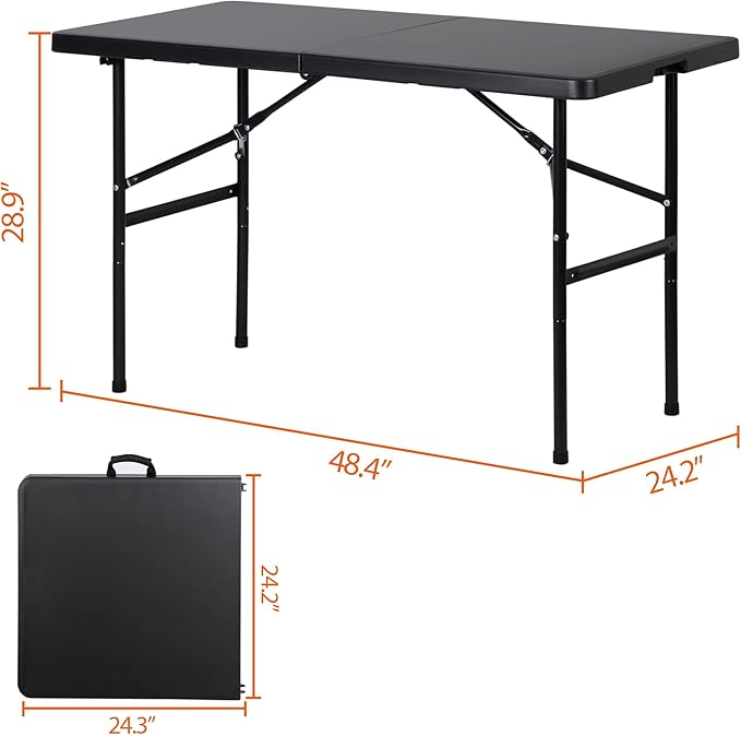 Folding Event Table, Heavy Duty Picnic Table Indoor Outdoor Camping, 4FT Portable w Handle Lock for Banquet, Black