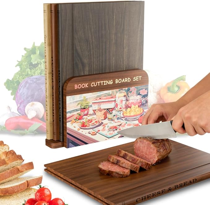Premium Book Cutting Board Set – Crafted from 100% Black Walnut, Sapele, and Bamboo A Stylish Base With Cartoon Designs | Decorative and Functional Kitchen Essential（Walnut, Sapele, Bamboo）