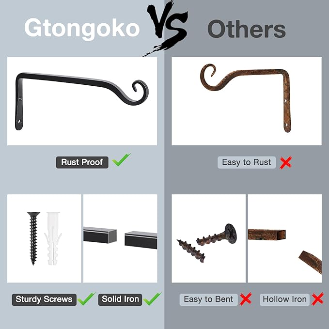 Gtongoko 2 Pack 10 Inch Plant Hangers Outdoor Metal, Plant Hooks for Wall Indoor, 48lb Capacity Outdoor Hooks for Hanging Bird Feeders, Lanterns, Wind Chime, Black