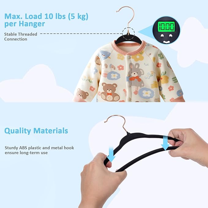 Tonswachic Baby Velvet Hangers 50 Pack - 11 Inch Premium Non Slip Felt Kids Hanger for Toddler & Infant Clothes - 0.2" Ultra Thin Baby Clothes Hangers with 10 Hanger Clips - Black