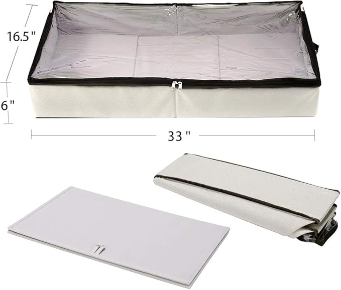 HOONEX Under Bed Storage Containers Zippered Clear Top Lid, Outer Linen Fabric, Reinforced Frame and Sturdy Bottom, 2 Leather Carrying Handles, 2 Pack, Beige