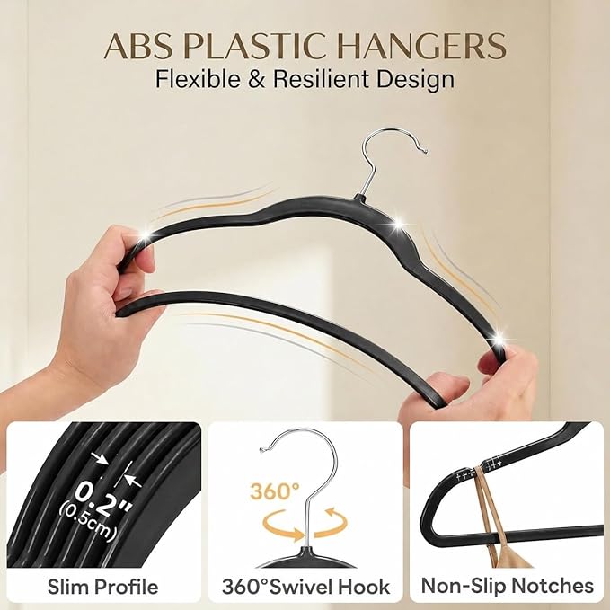 SMARTOR Plastic Hangers 20 Pack - Thin and Slim Design for Space Saving Organizer - Heavy Duty Durable Closet Organizers and Storage with 360 Swivel Hooks, Non Slip Notches for Straps - Black