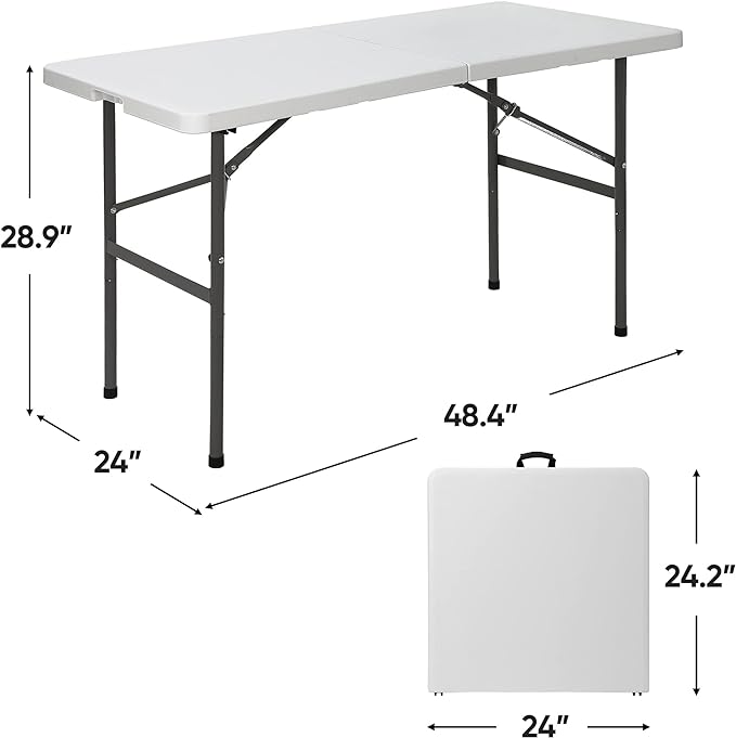 ZENY 4ft Portable Folding Table Plastic Indoor Outdoor Picnic Party Camp Dining Table with Handle, White